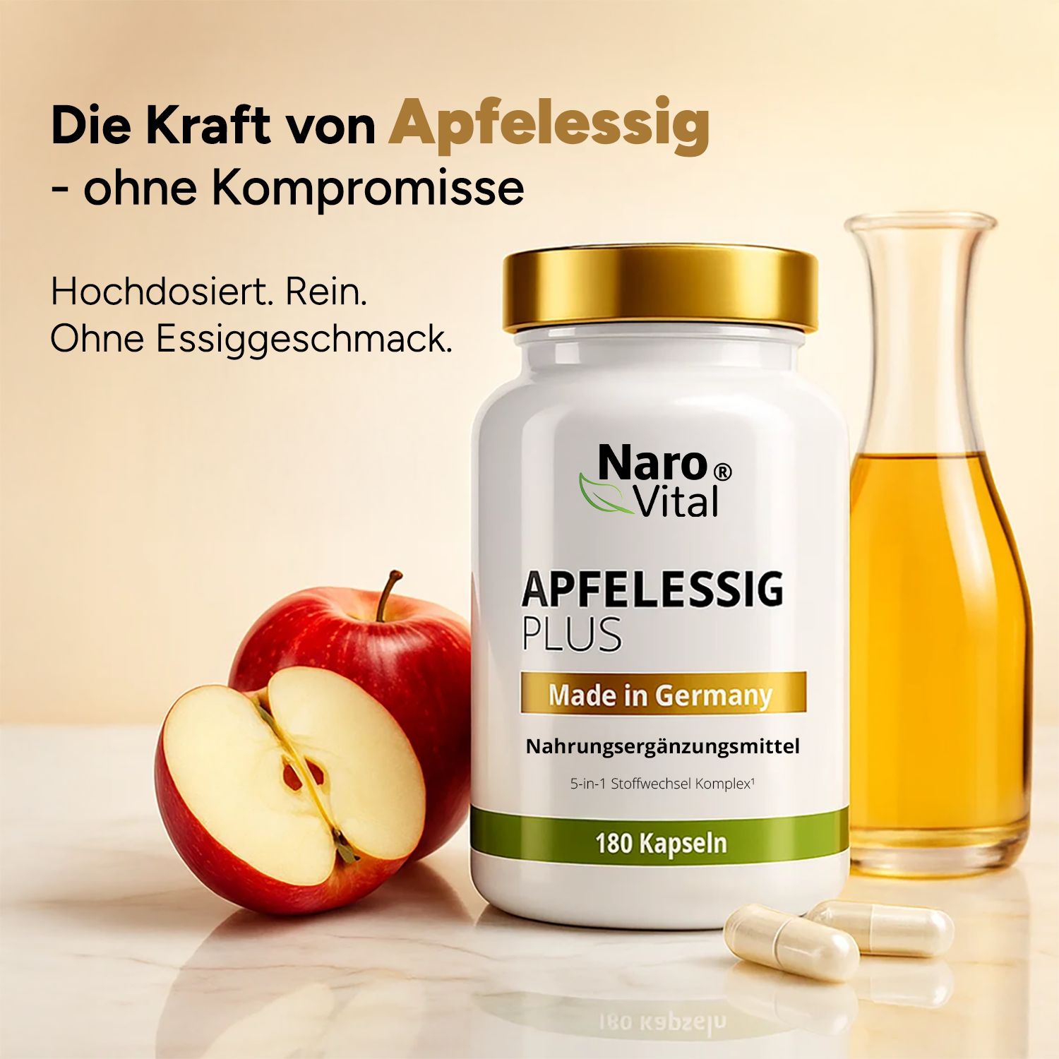 Flasche mit Apfelessig Kapseln, Apfel und Essigflasche. Text: Die Kraft von Apfelessig - ohne Kompromisse. Hochdosiert. Rein. Ohne Essiggeschmack.