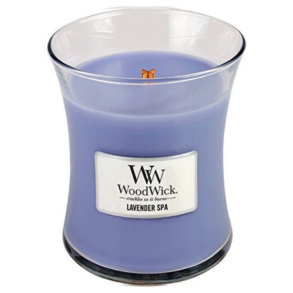 Kerze in Sanduhrform. Lavendel-Spa-Duft. Glasbehälter mit Holzdocht. Marke WoodWick.