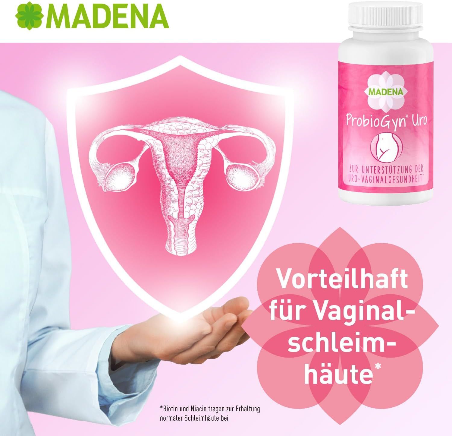 MADENA ProbioGyn Uro Kapseln. Flasche neben Illustration der Gebärmutter. Für Vaginalschleimhäute. Zur Uro-Vaginalgesundheit.
