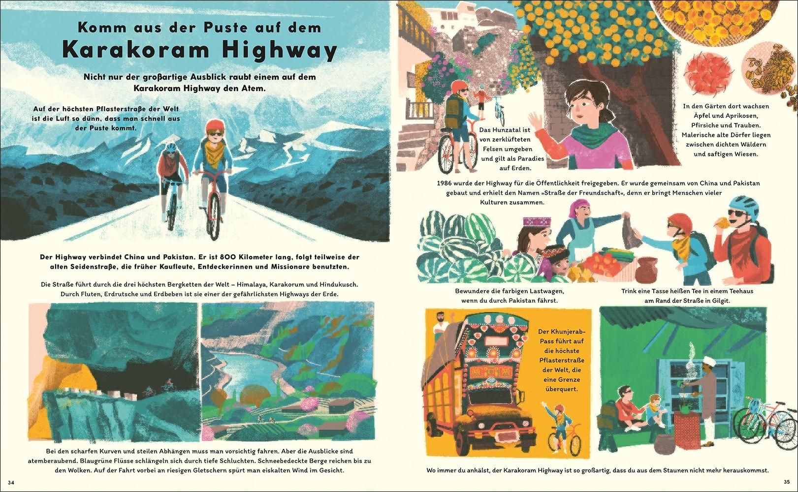 Doppelseite eines Kinderbuchs. Illustrationen zeigen Radfahrer, Marktstände und einen LKW auf einer Bergstraße, mit Text.