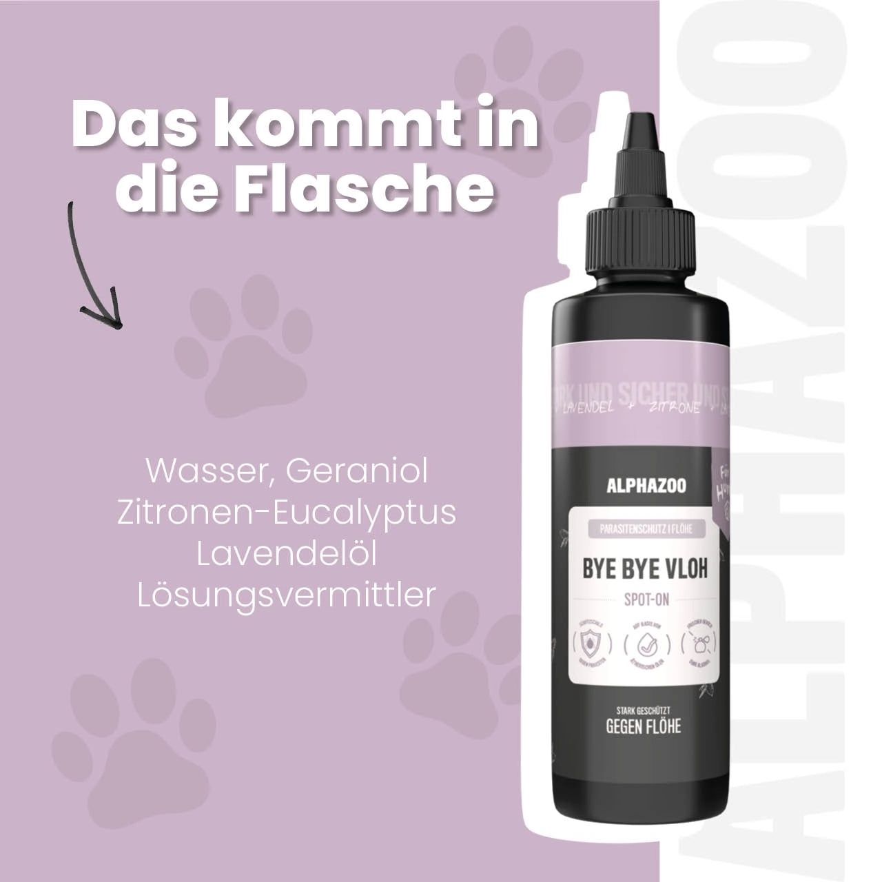 Produktflasche. Text: Alphazoo ByeByeVloh Spot-On. Inhaltsstoffe: Wasser, Geraniol, Zitronen-Eukalyptus, Lavendelöl, Lösungsmittel.