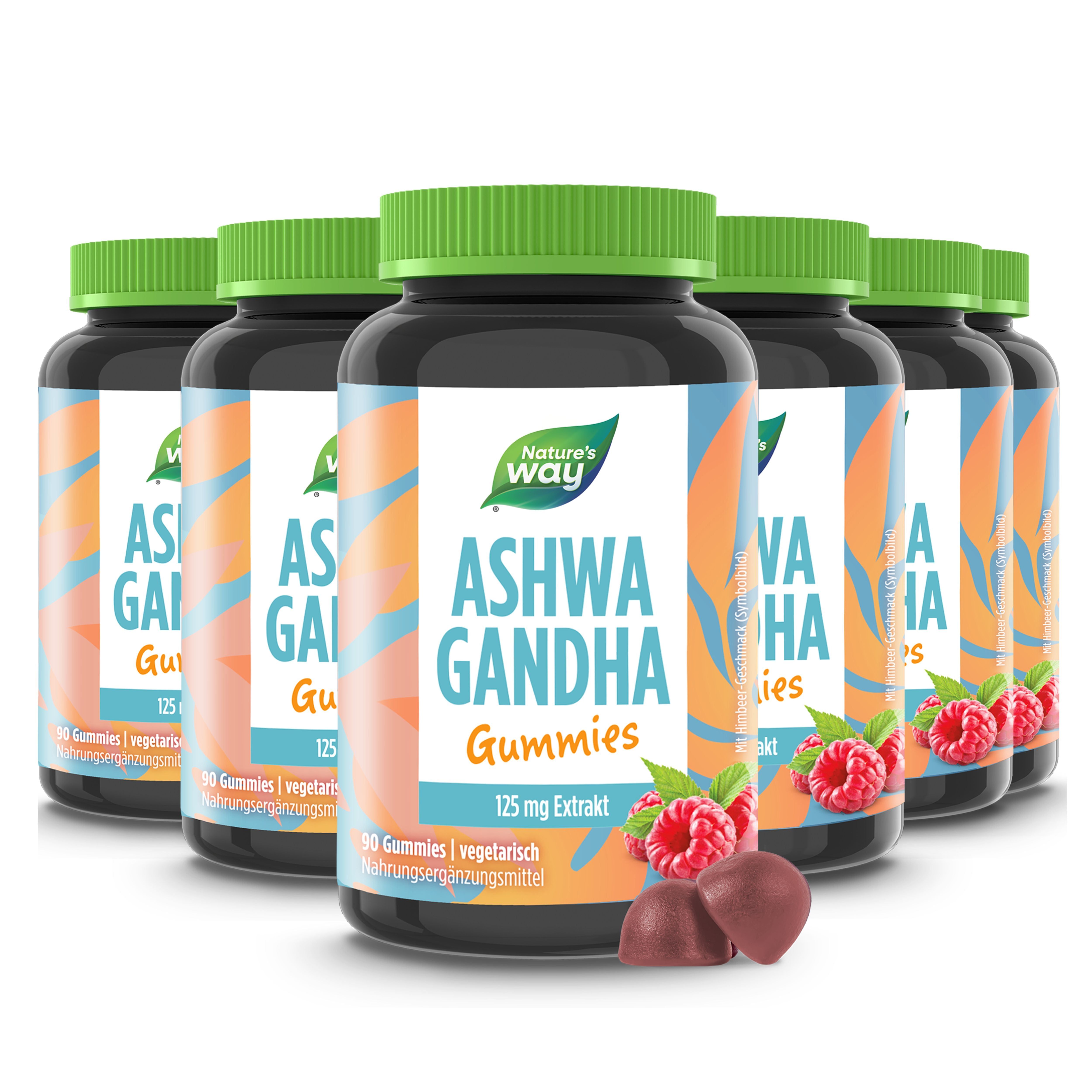 Ashwagandha Gummies I 125 mg hochwertiger Ashwagandha-Extrakt Himbeer-Geschmack vegetarisch I... 6x90 St Fruchtgummi
