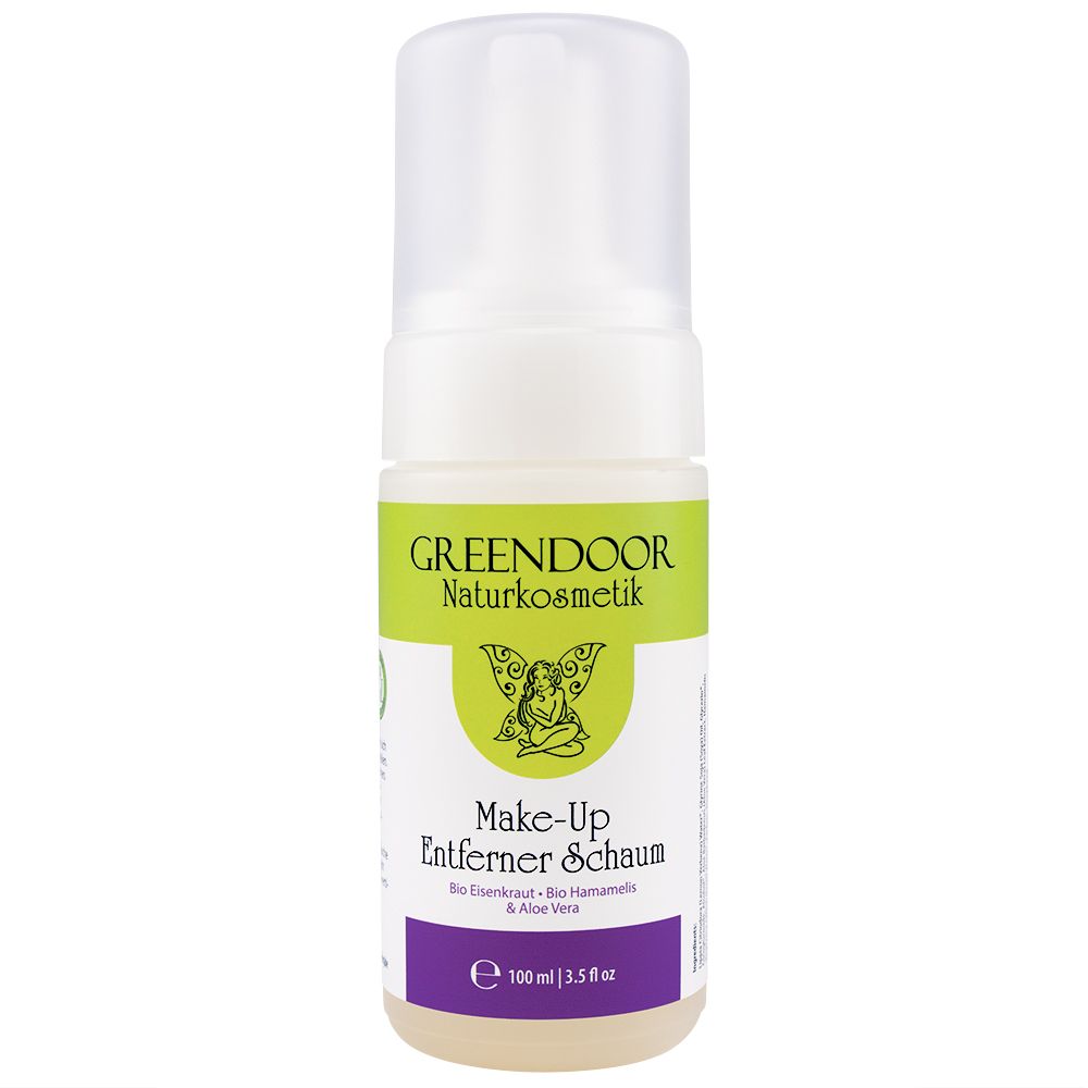 Weißer Spender mit grünem Etikett. Aufschrift: GREENDOOR Naturkosmetik, Make-Up Entferner Schaum. Enthält Bio-Eisenkraut, Bio-Hamamelis & Aloe Vera.