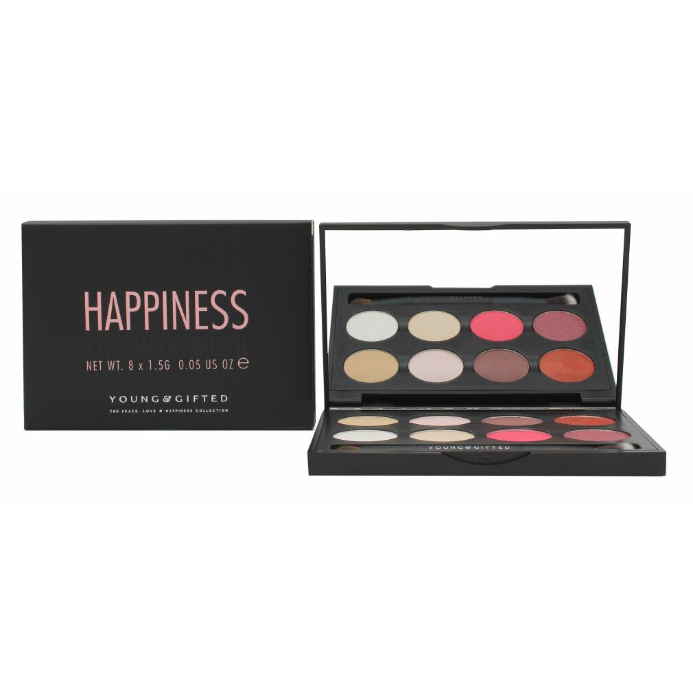 Lidschatten-Palette mit Spiegel. Schwarze Verpackung mit "HAPPINESS"-Schriftzug. 8 Farben in der Palette.