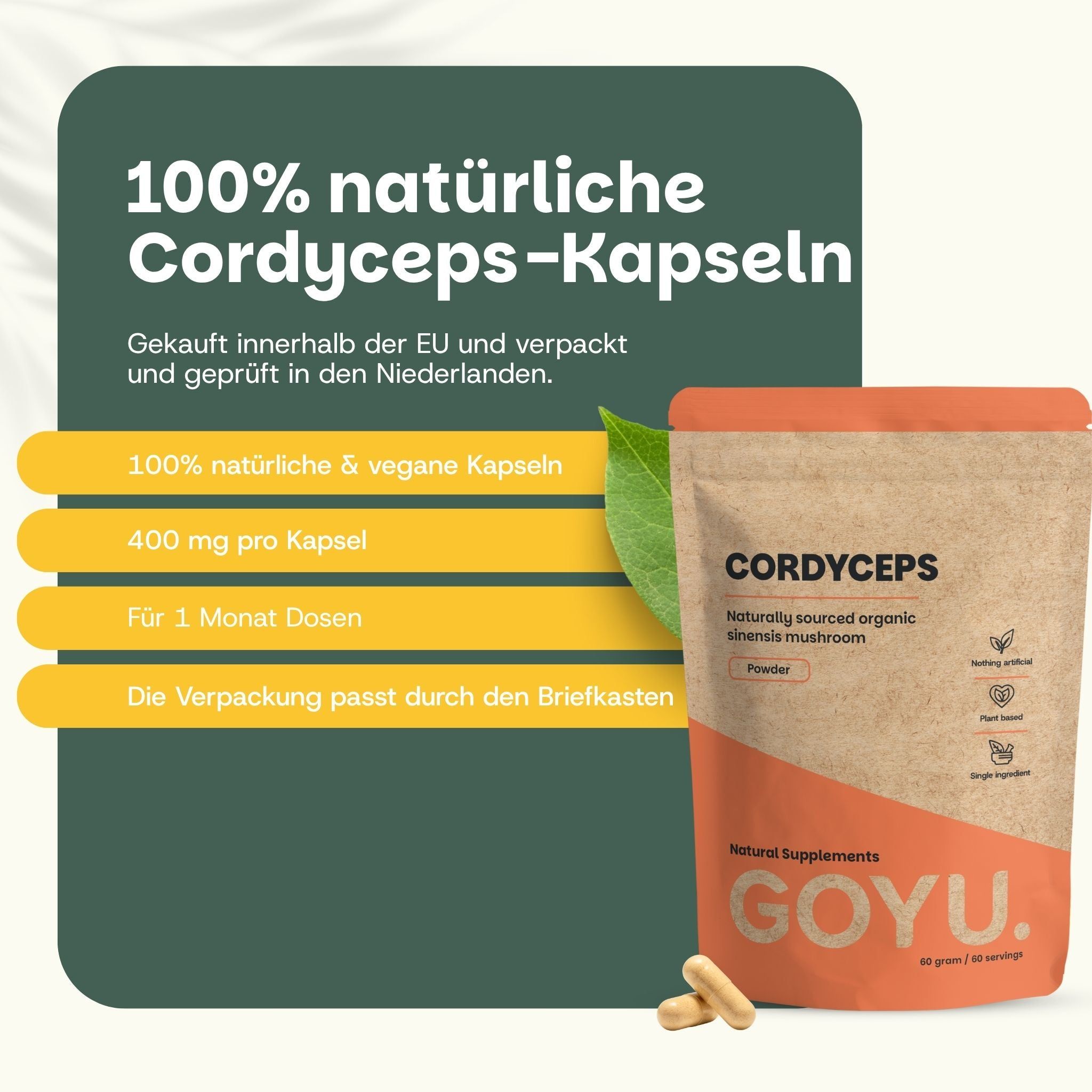 Cordyceps-Extrakt-Kapseln: 100% natürlich, vegan. 400 mg pro Kapsel. Gekauft in der EU.