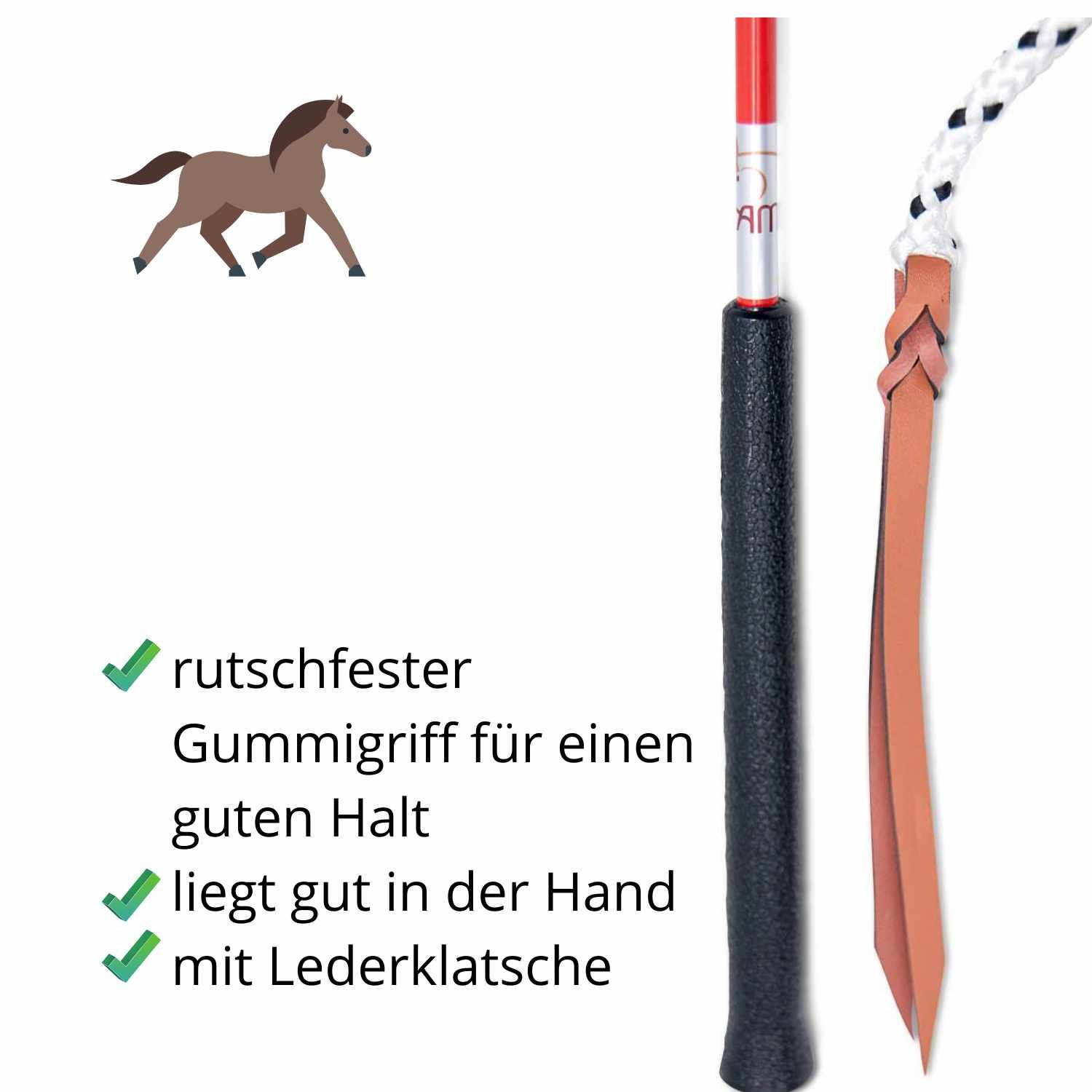 Reitstick mit schwarzem Griff, Lederklatsche und Seil. Text: rutschfester Gummigriff, liegt gut in der Hand.
