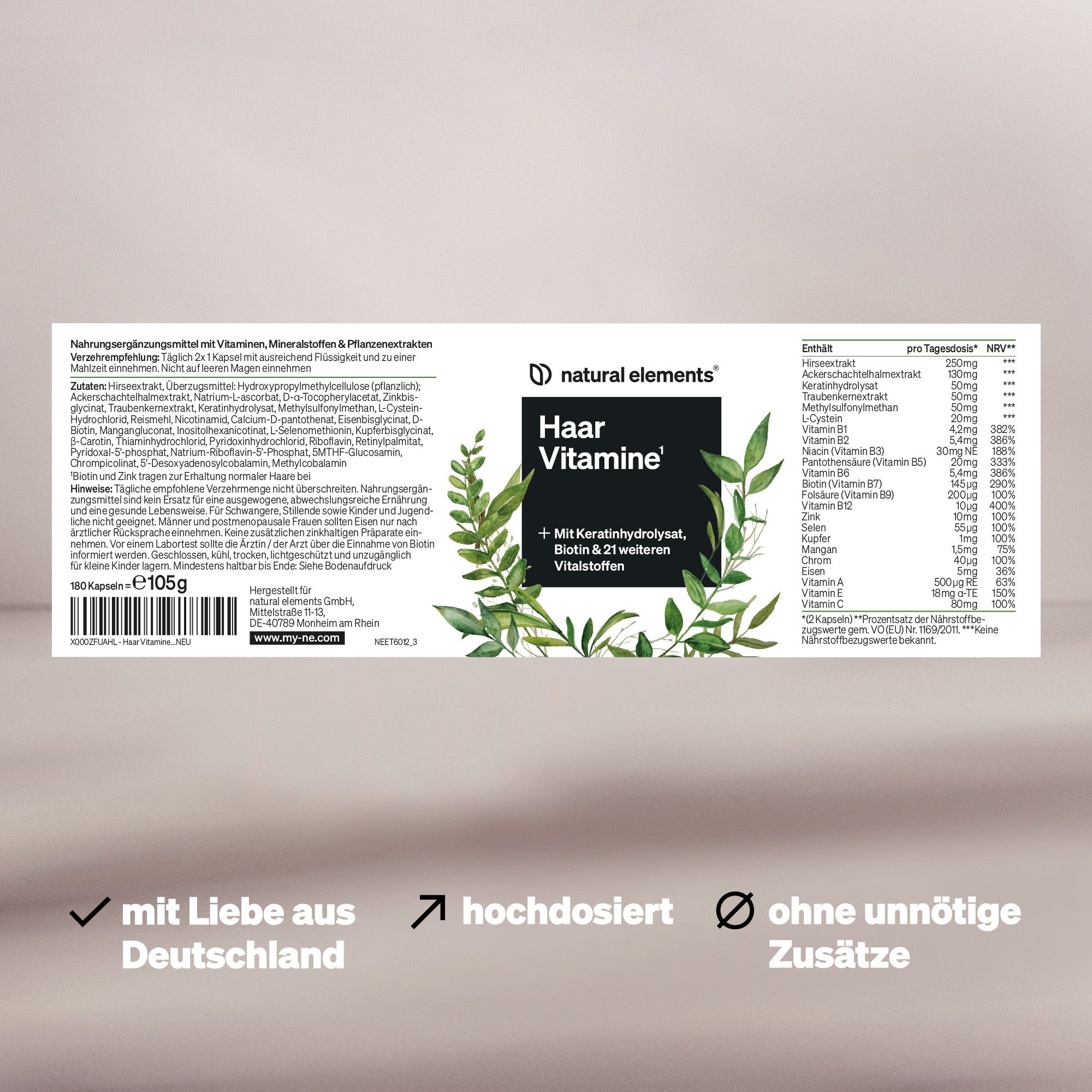 natural elements Haar Vitamine – 180 Kapseln mit Keratinhydrolysat, Biotin, Selen, Zink & mehr
