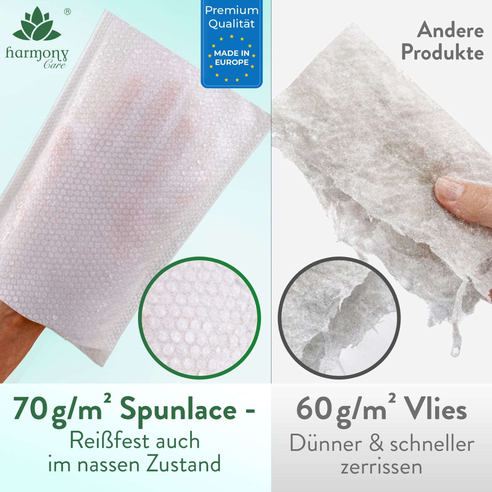 Harmony Care® -Feuchte Einmal Waschhandschuhe aus Spunlaced, Einmalwaschlappen für Erwachsene & Baby