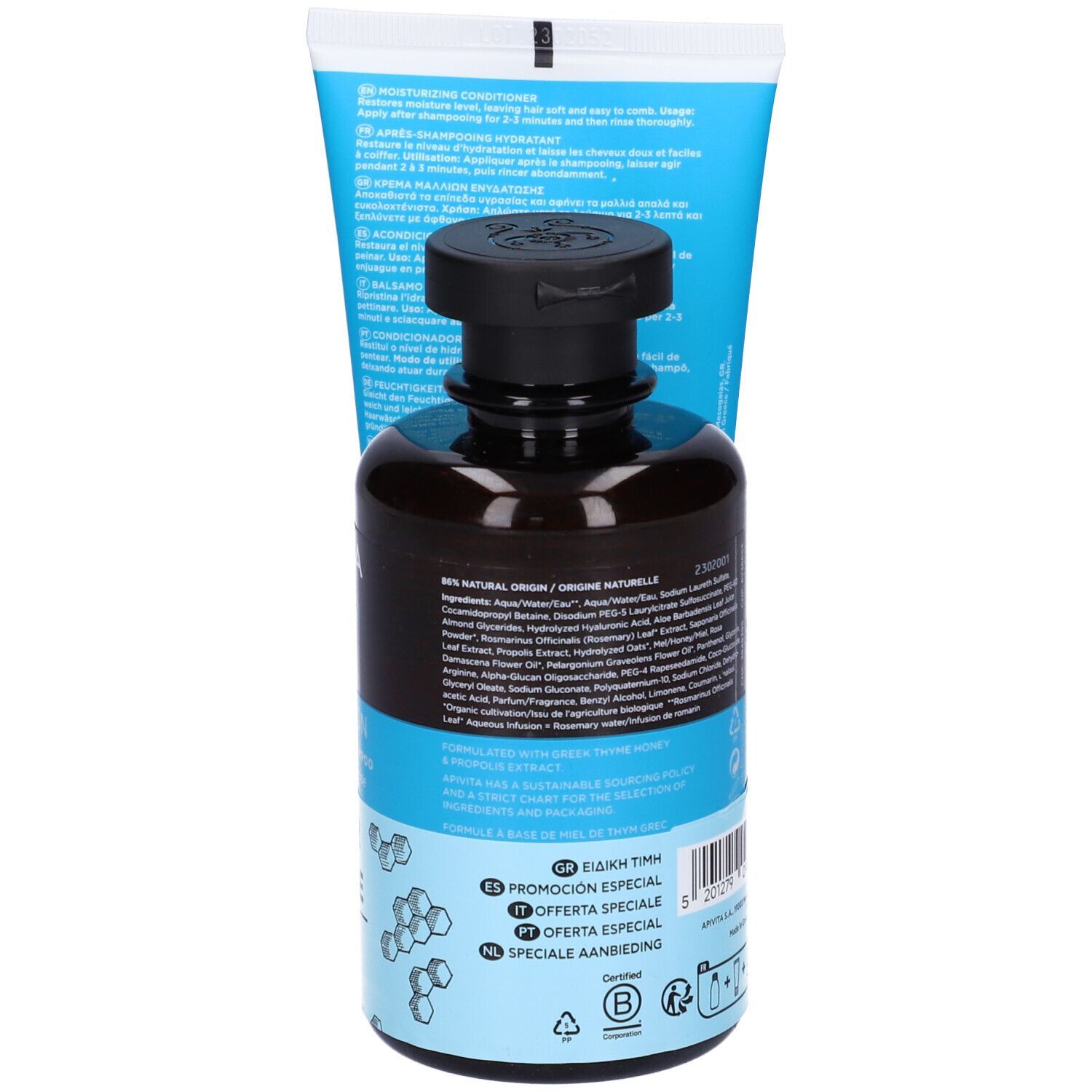 Set Apivita Hydration. Flacone marrone e tubo blu. Retro con testo e certificazione. Offerta speciale.