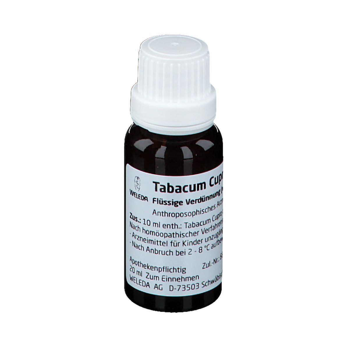 Braune Glasflasche mit weißem Deckel. Etikett mit Text: Weleda Tabacum Cupro cultum Rh D3. 10 ml. Apothekenpflichtig.