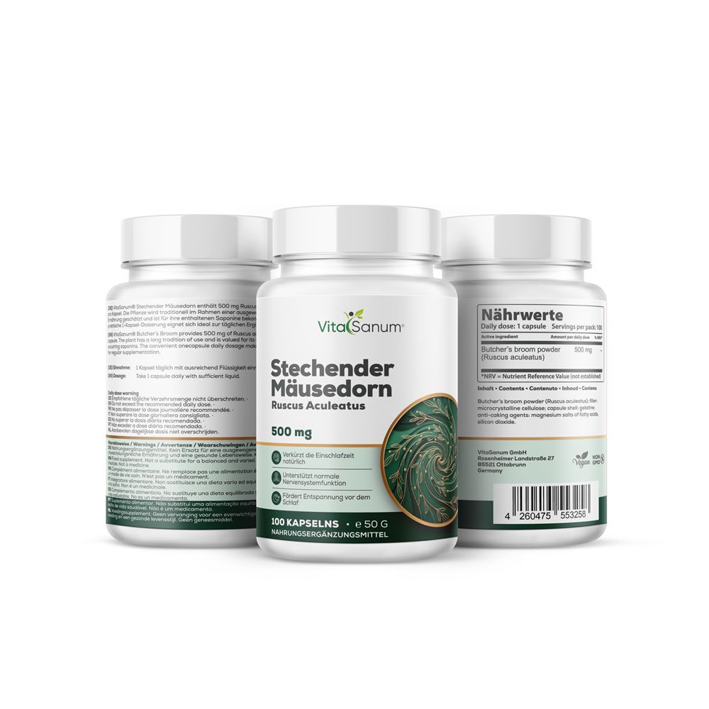 Drei weiße Flaschen VitaSanum® mit Etiketten. Aufschrift: Stechender Mäusedorn, Ruscus aculeatus, 500 mg, 100 Kapseln.