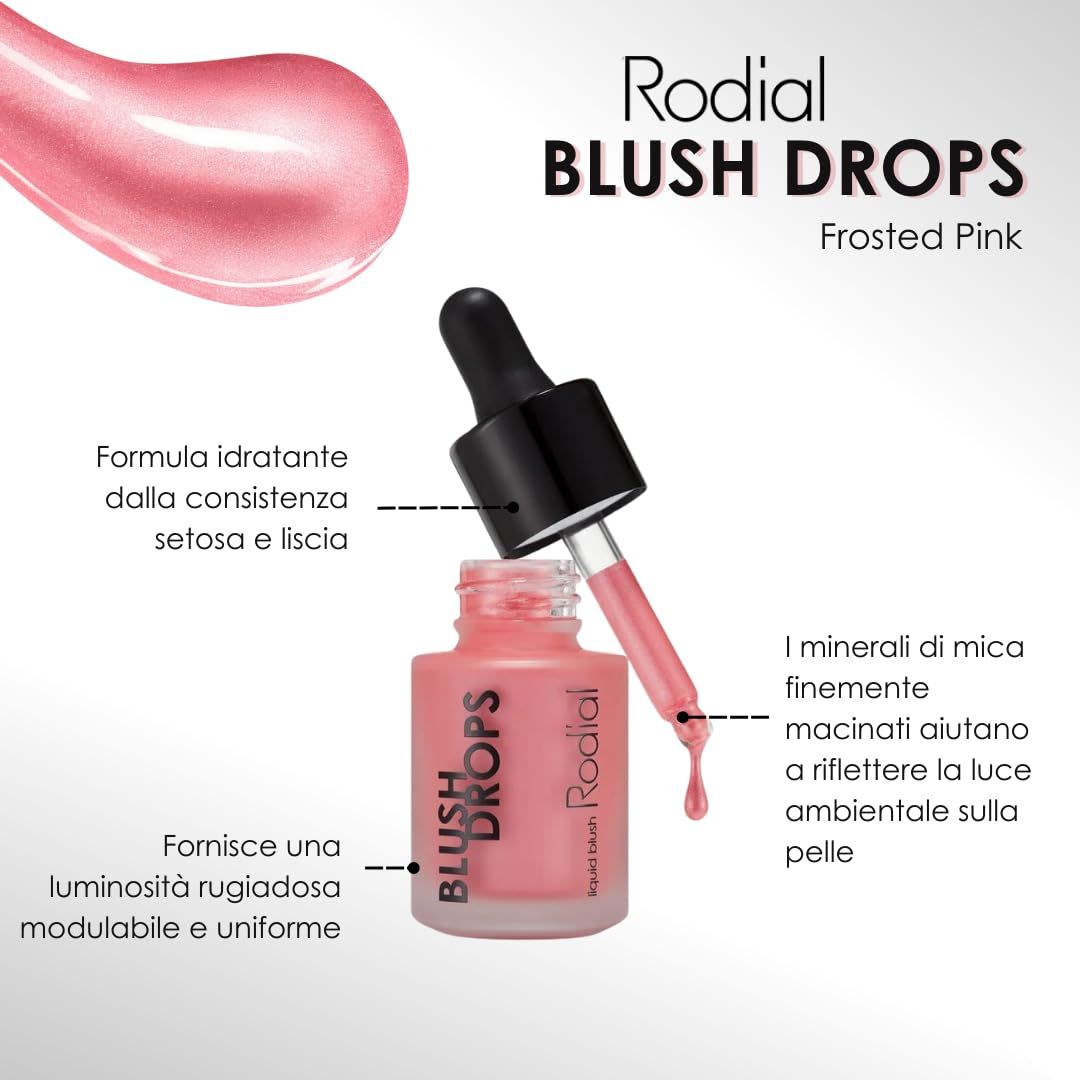 Produktabbildung mit rosa Rouge-Tropfen und Flasche. Text: Rodial, Blush Drops, Frosted Pink. Beschriftungen zeigen Inhaltsstoffe.