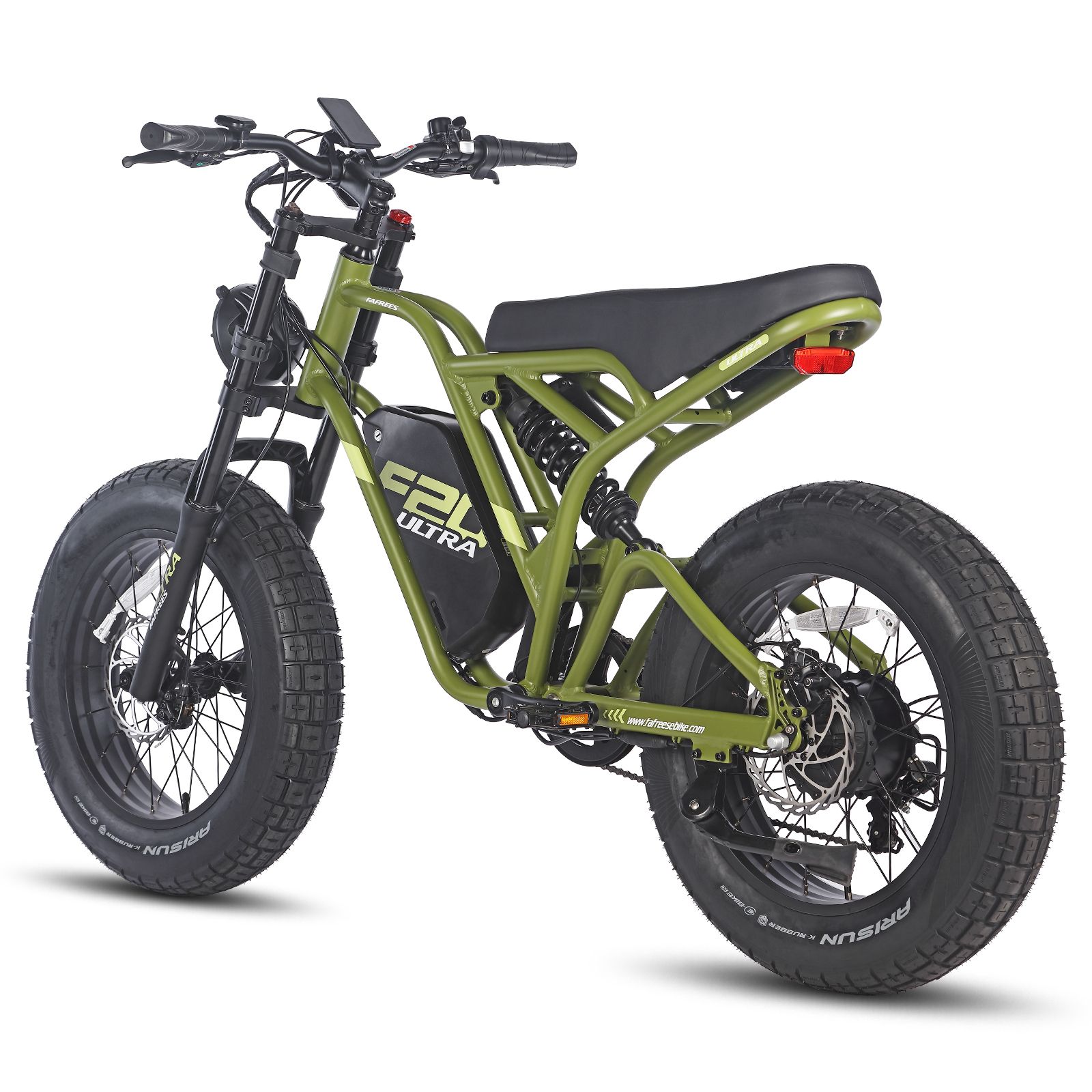 Grünes Elektro-Dirtbike mit schwarzen Reifen und Sattel. Auf dem Rahmen steht "F20 ULTRA".