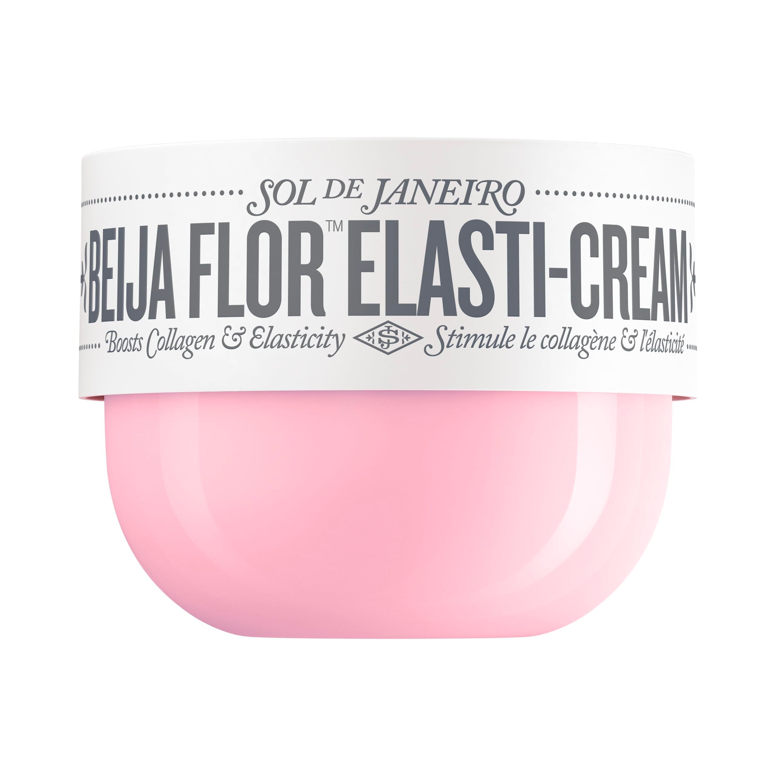 Rosa Creme-Dose mit weißem Deckel. Aufschrift: Sol de Janeiro, Beija Flor Elasti-Cream. Fördert Kollagen & Elastizität.