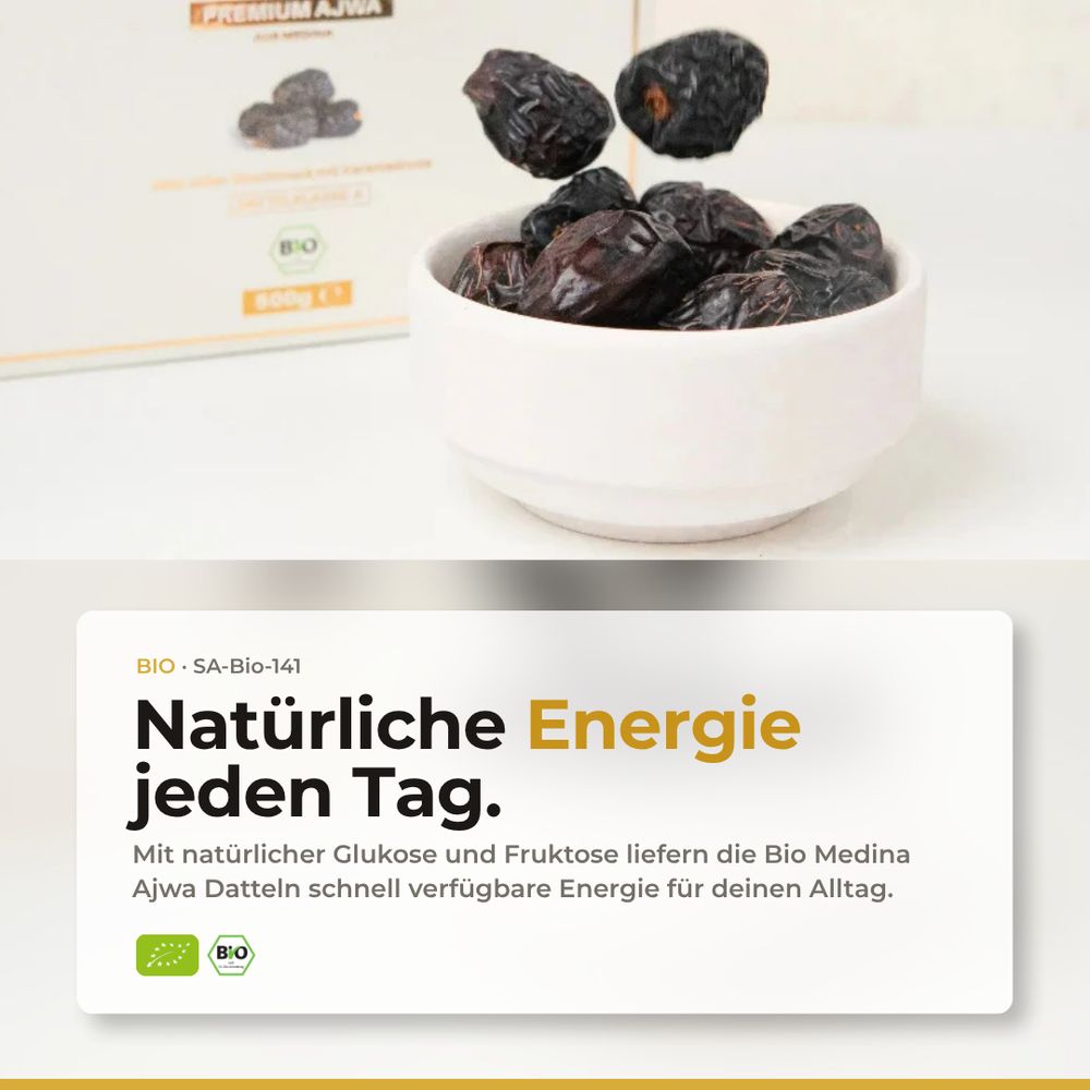 Bio Medina Ajwa Datteln liefern natürliche Energie durch Glukose und Fruktose für den Alltag.