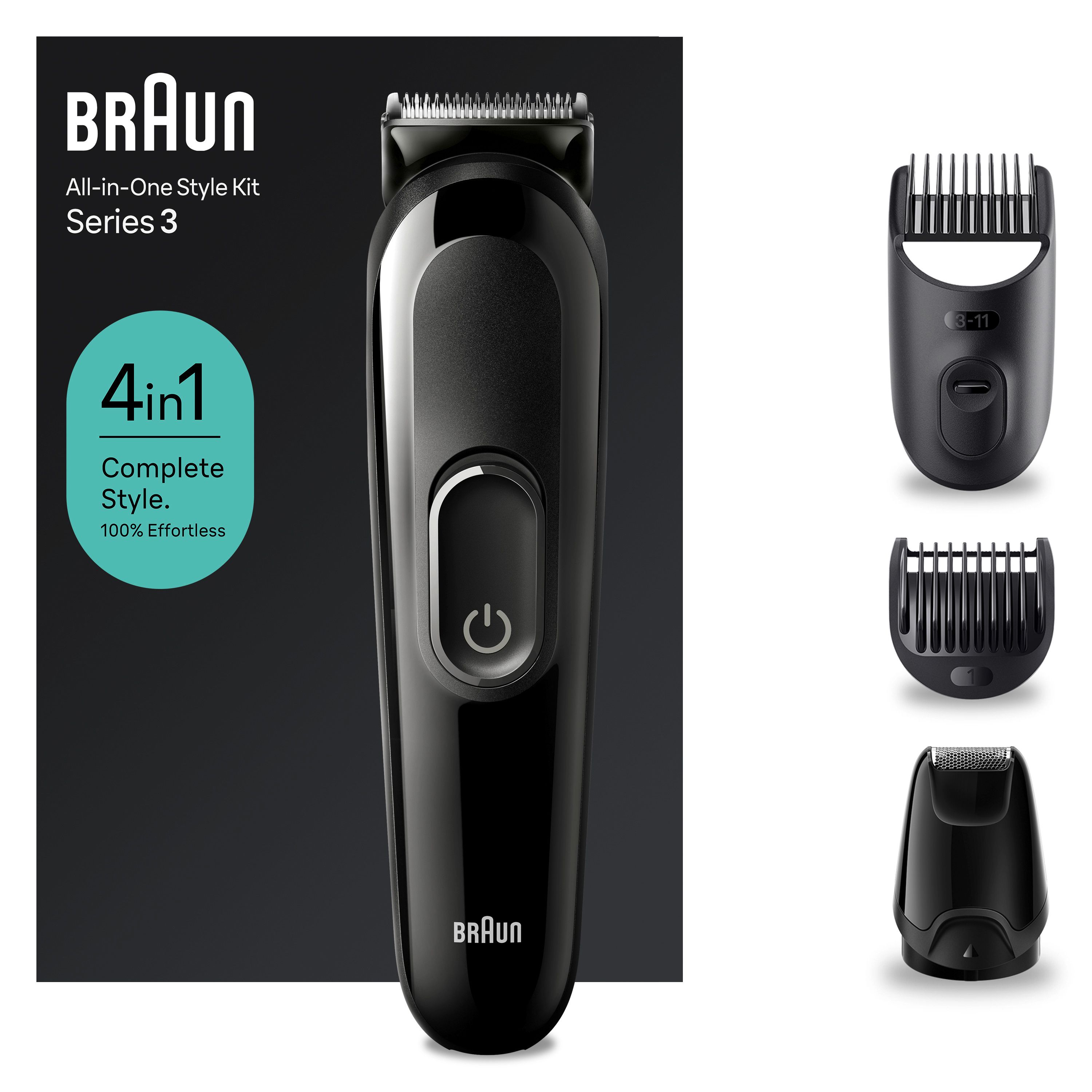Schwarzer Trimmer mit drei Aufsätzen und Verpackung. Auf der Verpackung steht "Braun" und "All-in-One Style Kit Series 3".