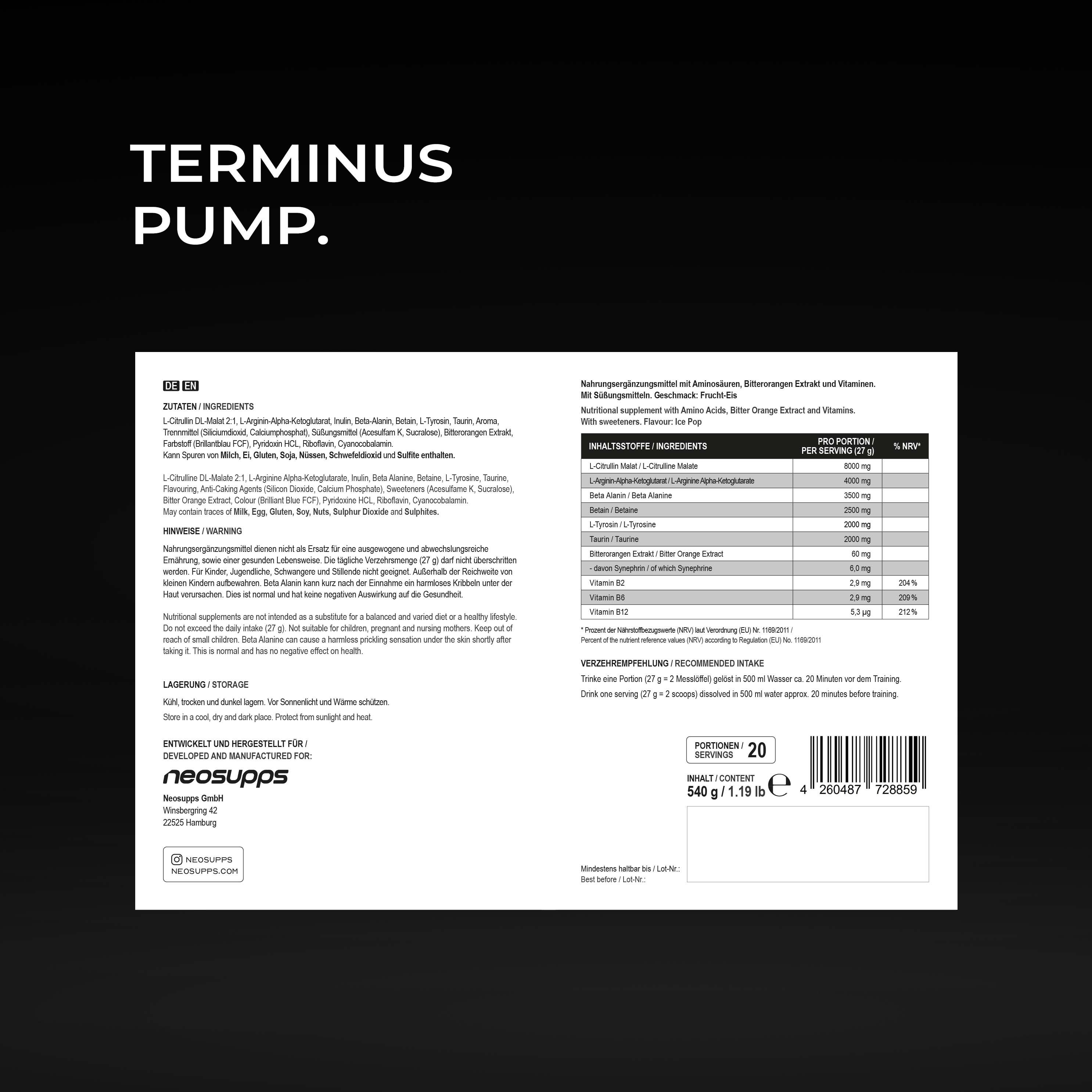 Rückseite der Neosupps Terminus PUMP XXL Dose mit Zutatenliste und Nährwertangaben.