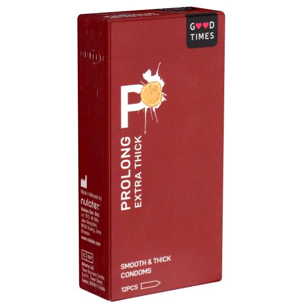 Boîte rouge avec informations produit. Inscription : PROLONG EXTRA THICK, SMOOTH & THICK CONDOMS. 12 pièces. Marque : Good Times.