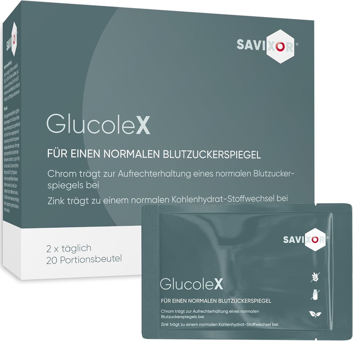 Packung Savixor GlucoleX mit Sachet. Aufschrift: GlucoleX, für normalen Blutzuckerspiegel. 20 Portionsbeutel.