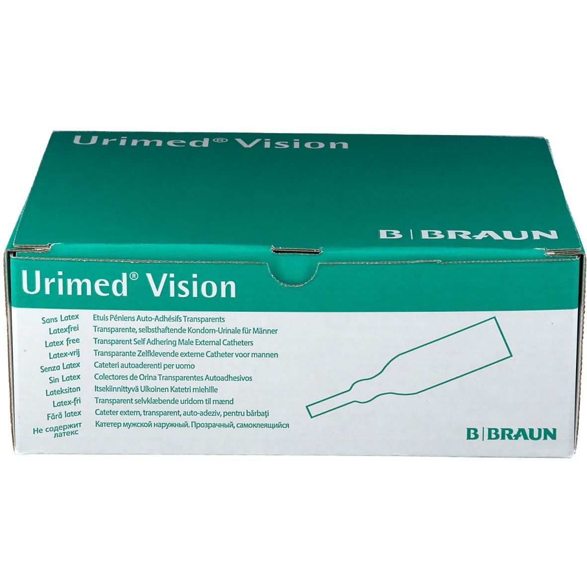 Grüne Verpackung mit Produktname Urimed Vision. Text: Transparent, selbsthaftende Kondom-Urinale für Männer. Marke B. Braun.