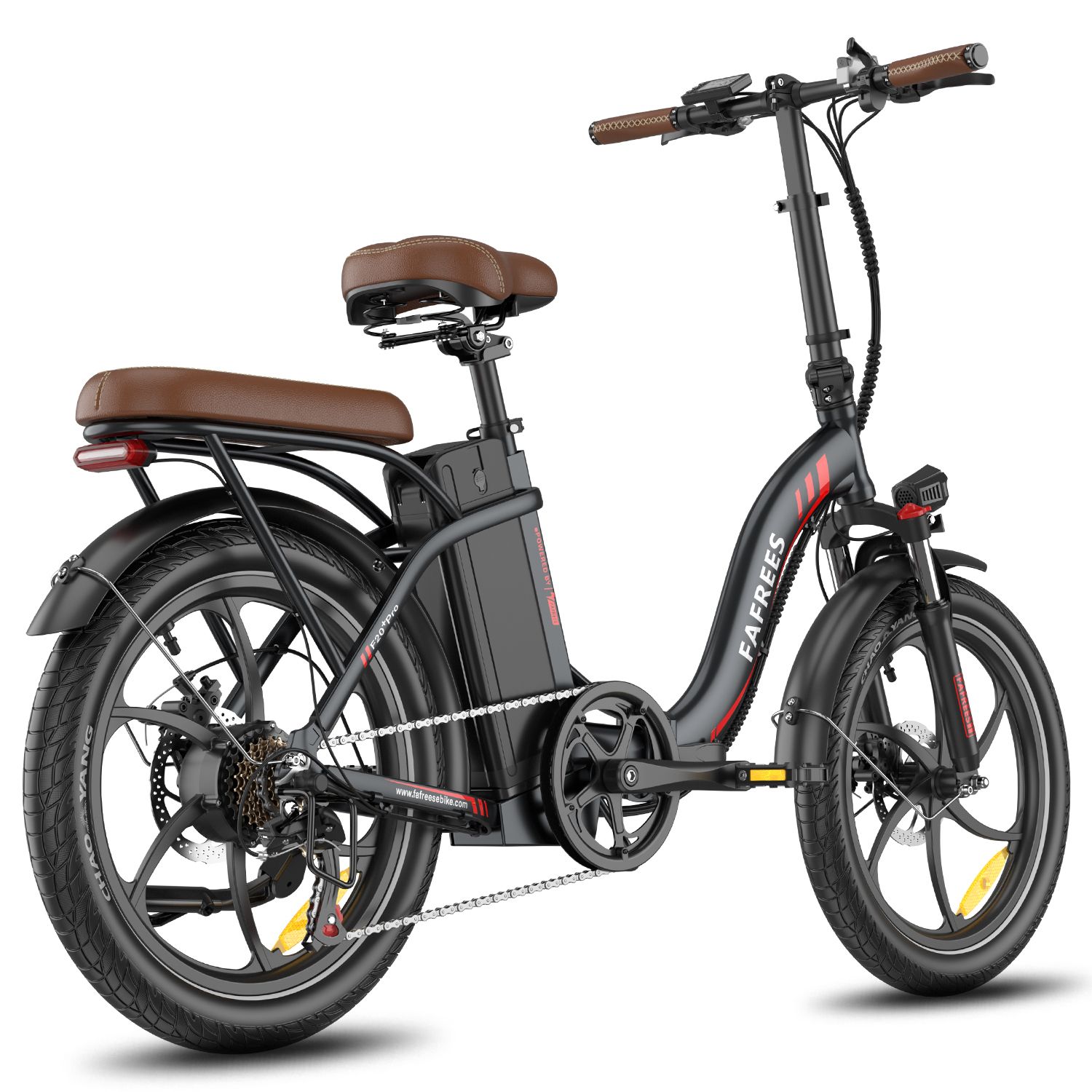 Faltbares E-Bike, schwarz mit braunem Sattel. Marke Fafrees. Sichtbare Details: Räder, Batterie, Schutzbleche, Gepäckträger.