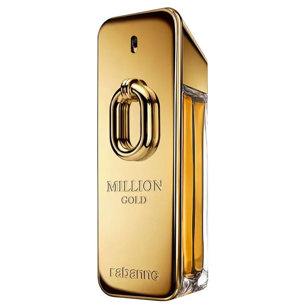 Goldfarbener Flakon. Aufschrift: MILLION GOLD, Rabanne. Rechteckige Form mit goldenem Verschluss.