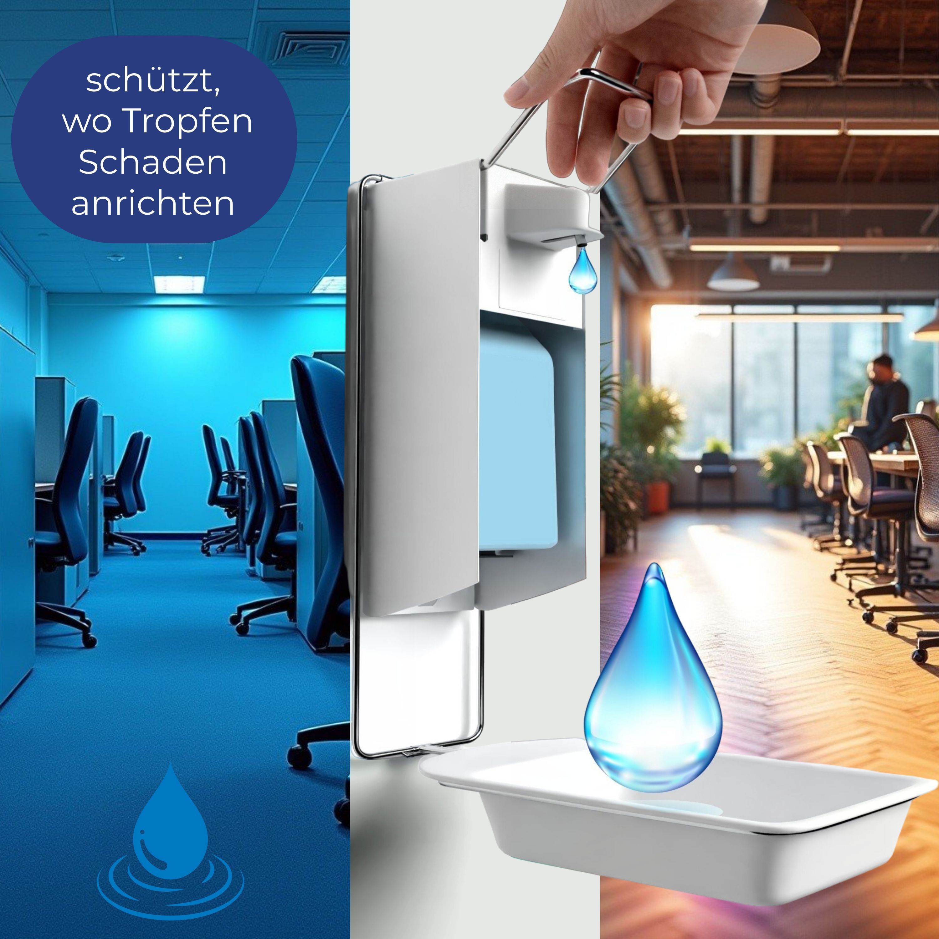 Auffangschale mit Halterung, Tropfen fallen in die Schale. Text: schützt, wo Tropfen Schaden anrichten. Hintergrund: Büro.