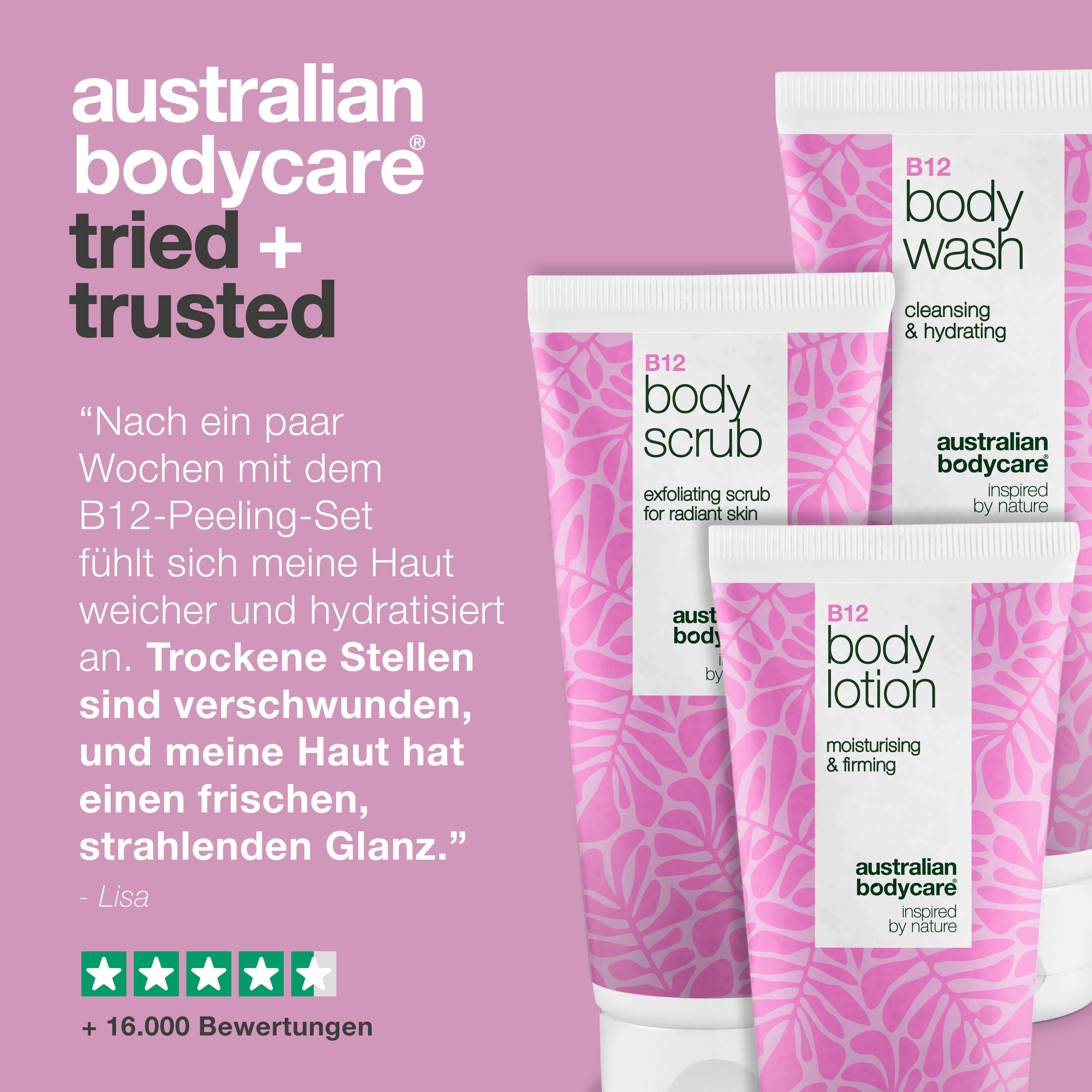 B12 Body Wash, Scrub, Lotion Tuben. Rosa Design, weißer Deckel. Text: Australian Bodycare. Sterne-Bewertung.