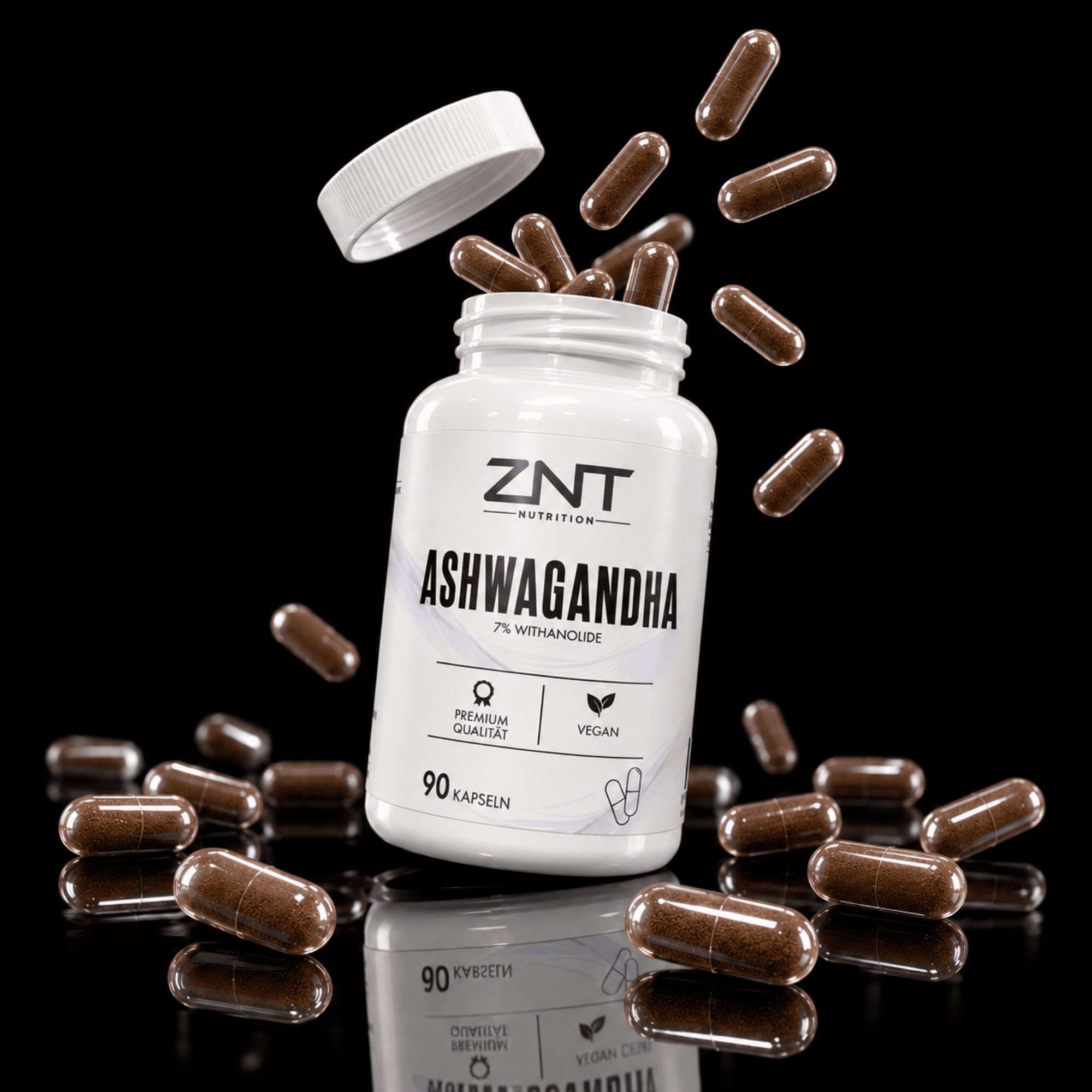 ZNT Nutrition Ashwagandha Kapseln fliegen aus einer geöffneten weißen Flasche.