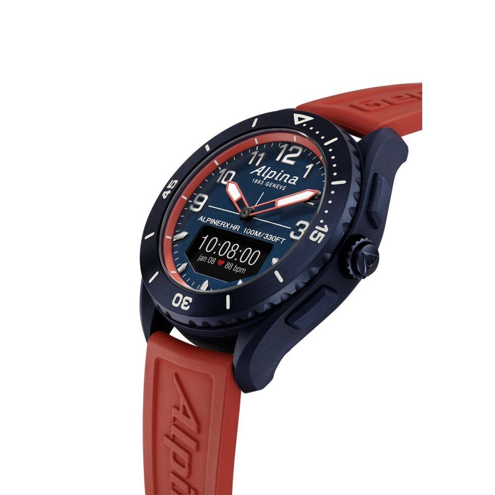 Alpina Pulsuhr. Blaues Gehäuse, rotes Armband. Zifferblatt mit Digitalanzeige. Zeigt Zeit, Datum und Herzfrequenz.