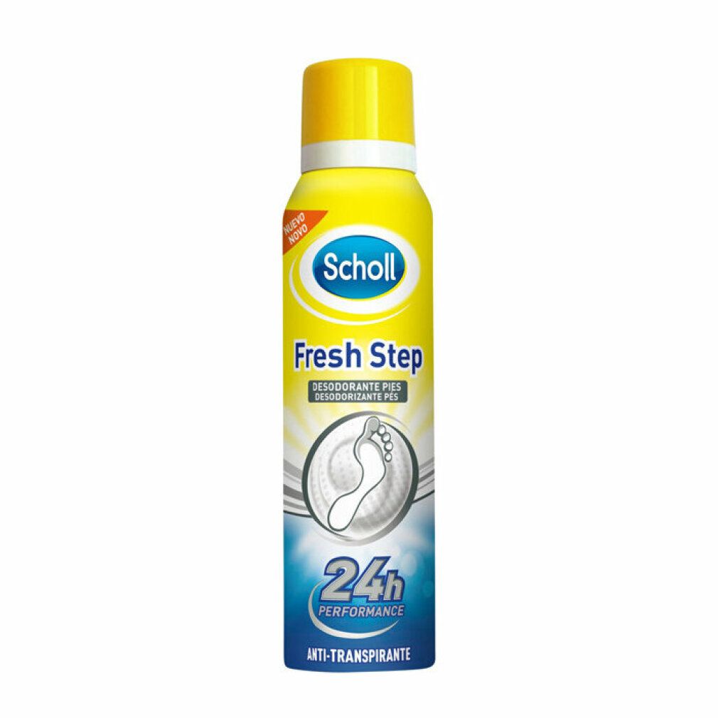 Gelbe Sprühdose mit gelbem Deckel. Aufschrift: Scholl Fresh Step, 24h Performance, Anti-Transpirant. Mit 'Nuevo'.