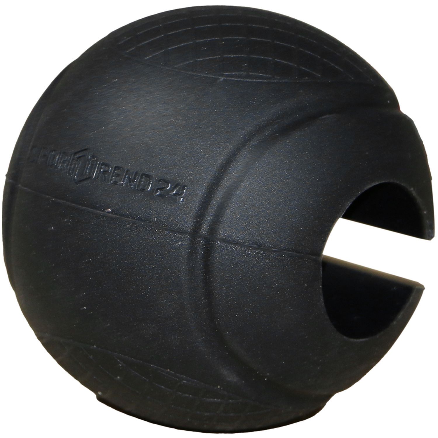 Schwarzer Grip Pad Ball mit Aussparung. Sporttrend24 Logo. Oberfläche mit Rillen. Fitness-Zubehör.