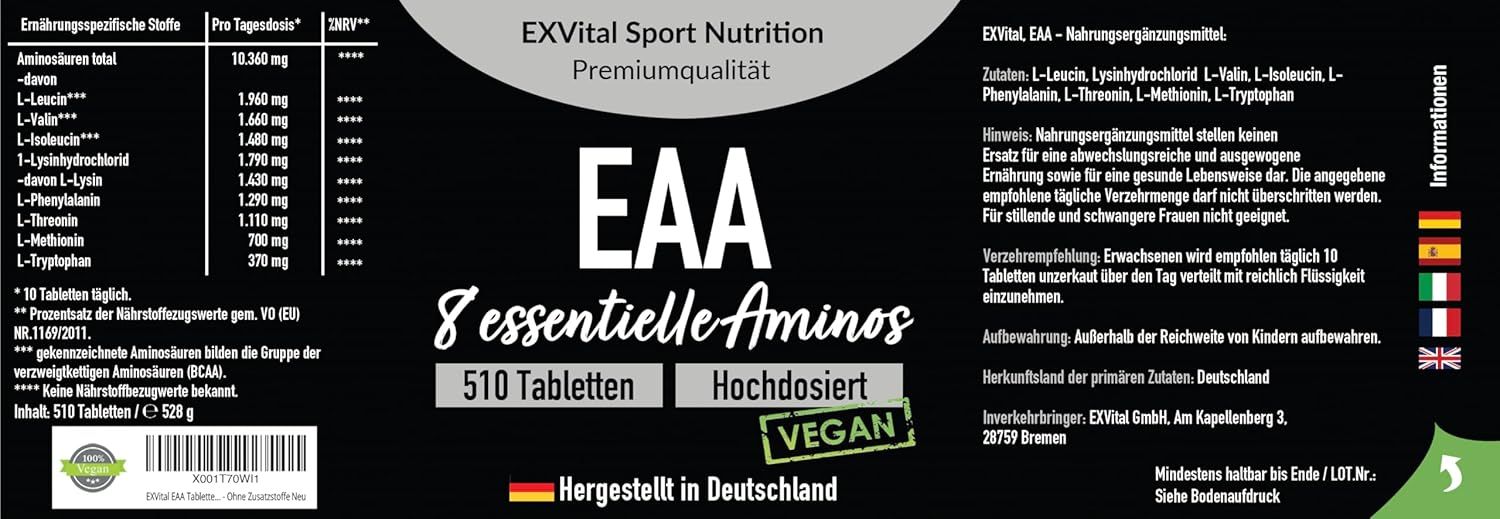 Schwarze Dose mit EAA Tabletten, Rückseite. Aufschrift: EAA 8 essentielle Aminos, 510 Tabletten, vegan. Nährwertangaben.