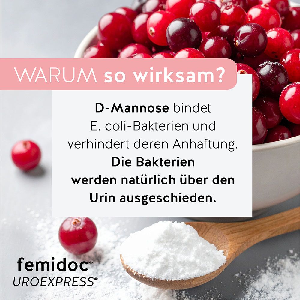 femidoc® UROEXPRESS® Packung. Rosa-weiße Schachtel mit Produktinformationen und Logo. 14 Beutel.