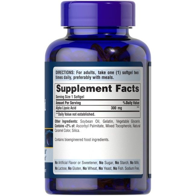 Rückseite einer Puritan's Pride Alpha-Liponsäure 300mg Flasche mit Nährwertangaben.