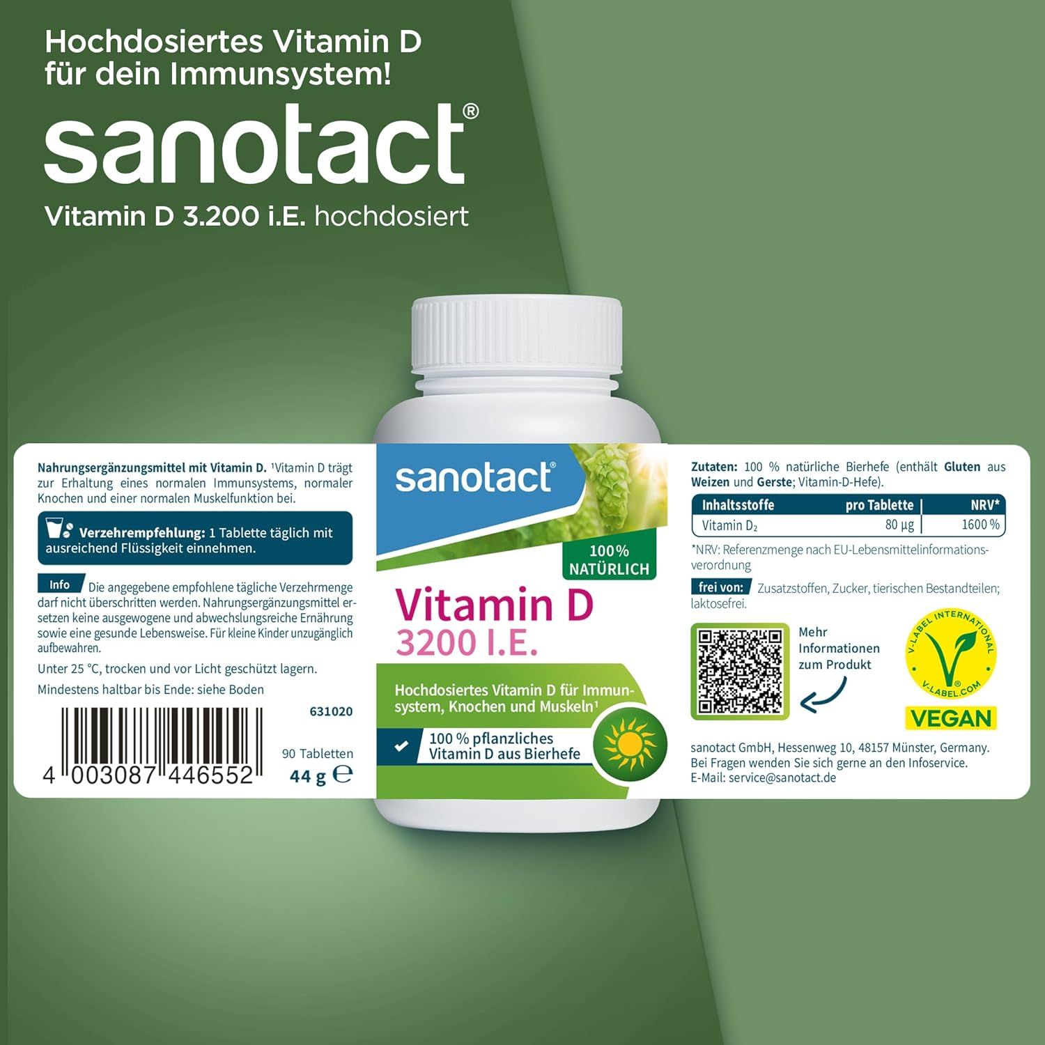 Flasche Vitamin D 3200 I.E. von sanotact. Text: 100% natürlich. Hochdosiertes Vitamin D. 90 Tabletten. Vegan-Siegel. Beipackzettel.