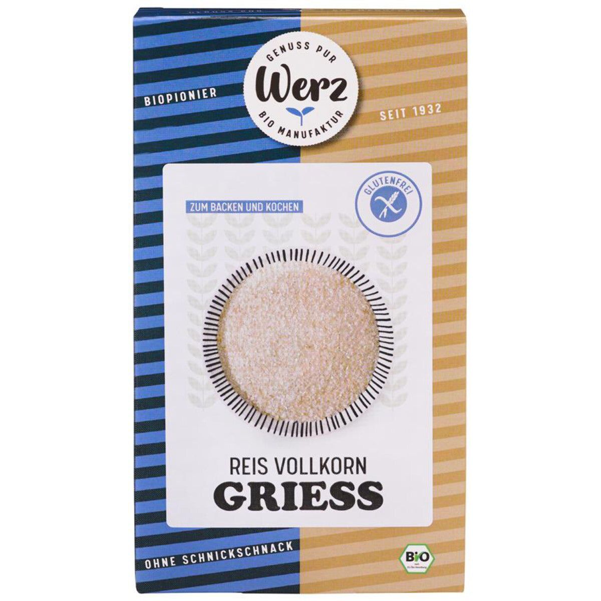 Verpackung von Reisgrieß. Aufschrift: Werz, glutenfrei, Reis Vollkorn Grieß. Mit Bio-Siegel.
