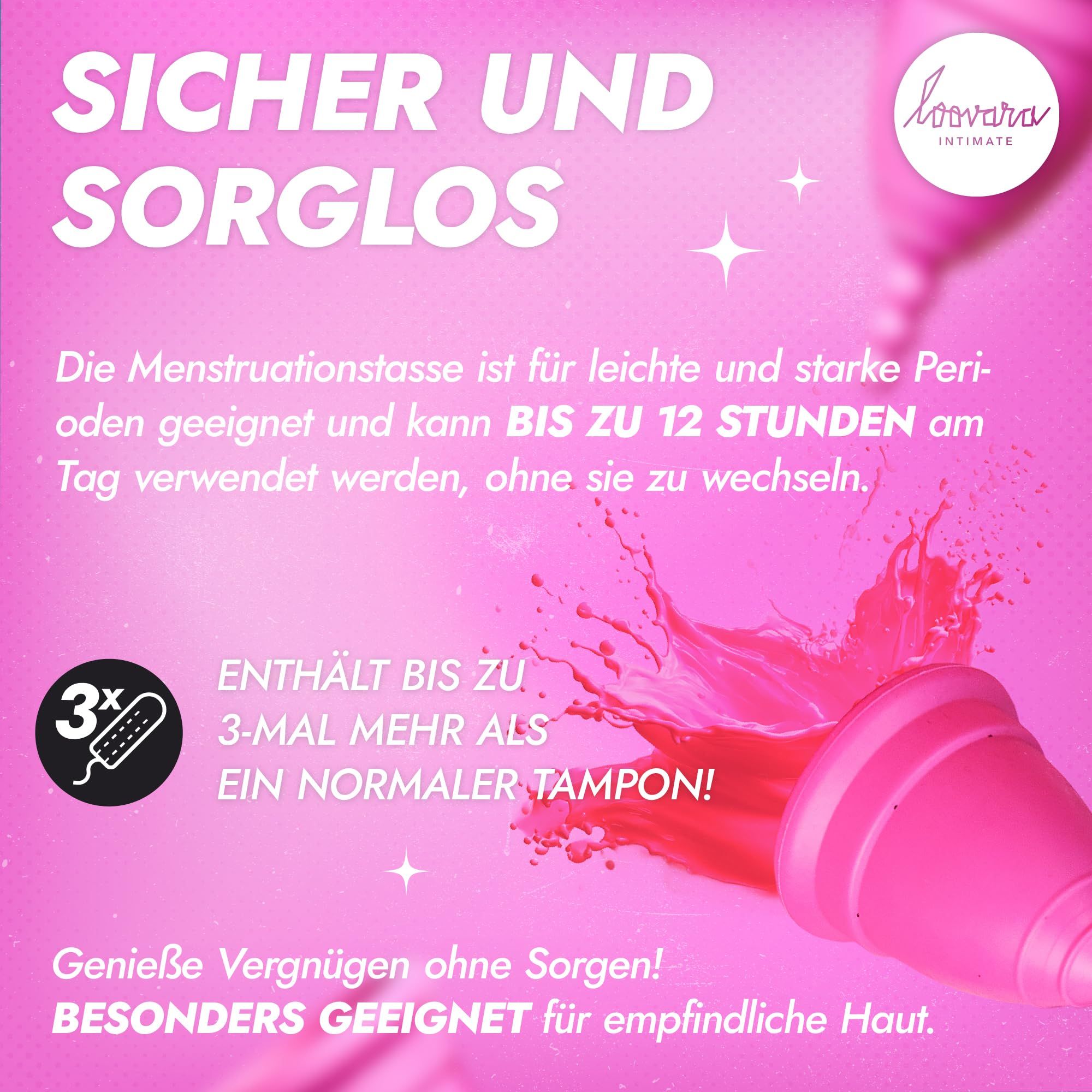 Pinke Menstruationstasse Größe M aus Naturkautschuk, 3x mehr Kapazität als Tampons.