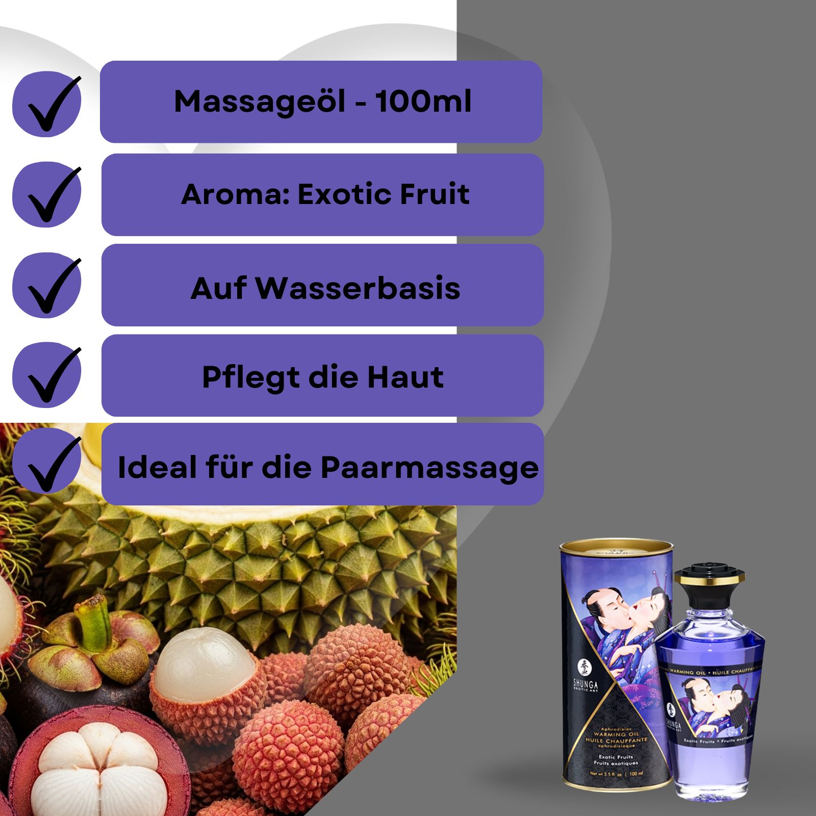 Produkt mit exotischen Früchten und Text: Massageöl, Aroma Exotic Fruit, auf Wasserbasis, pflegt die Haut, ideal für die Paarmassage.