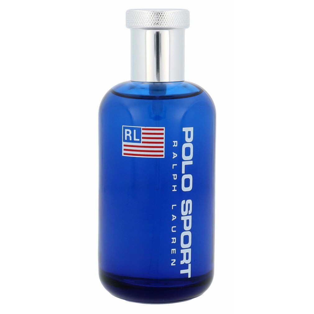 Blaues Parfümflakon mit silbernem Verschluss. Aufschrift Polo Sport Ralph Lauren. Logo mit US-Flagge.