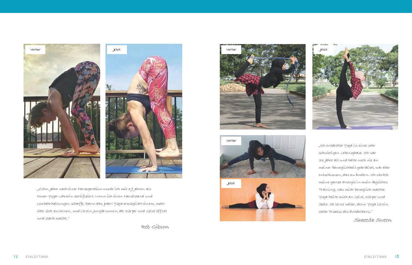 Buchseite mit Yoga-Posen. Mehrere Fotos zeigen Personen in verschiedenen Posen. Text in deutscher Sprache beschreibt die Posen.