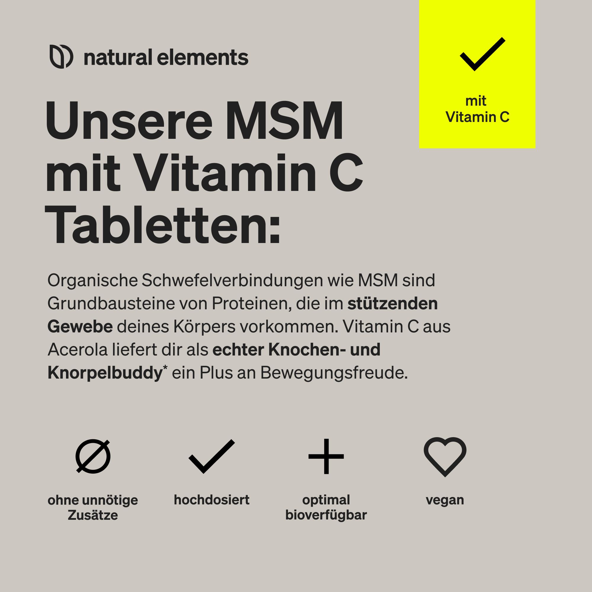 natural elements MSM 2000mg + natürliches Vitamin C – 365 Tabletten – Methylsulfonylmethan