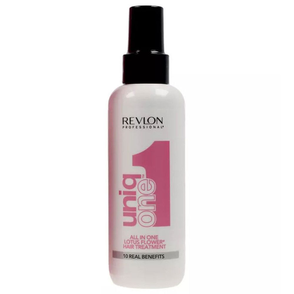 Weißes Haar-Treatment mit schwarzem Sprühkopf. Rosa Akzent. Text: Uniq One, Lotus Flower, 10 Benefits.