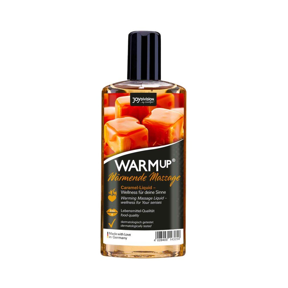 Flasche mit schwarzem Deckel. Aufschrift: WARMup, Caramel-Liquid. Dermatologisch getestet. Vegan.
