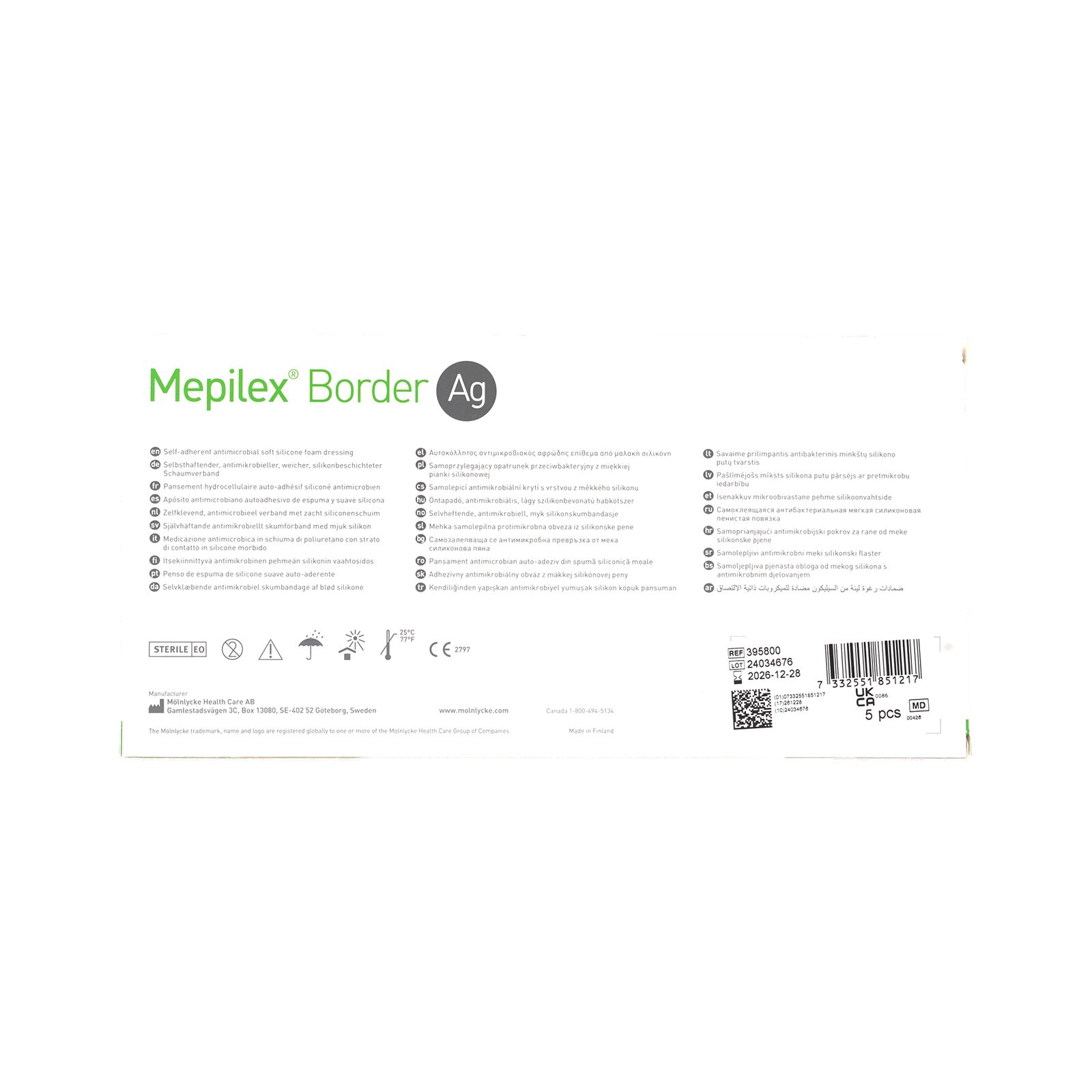 Verpackung Mepilex Border Ag. Text in mehreren Sprachen. Barcode und Produktinformationen. 5 Stück.