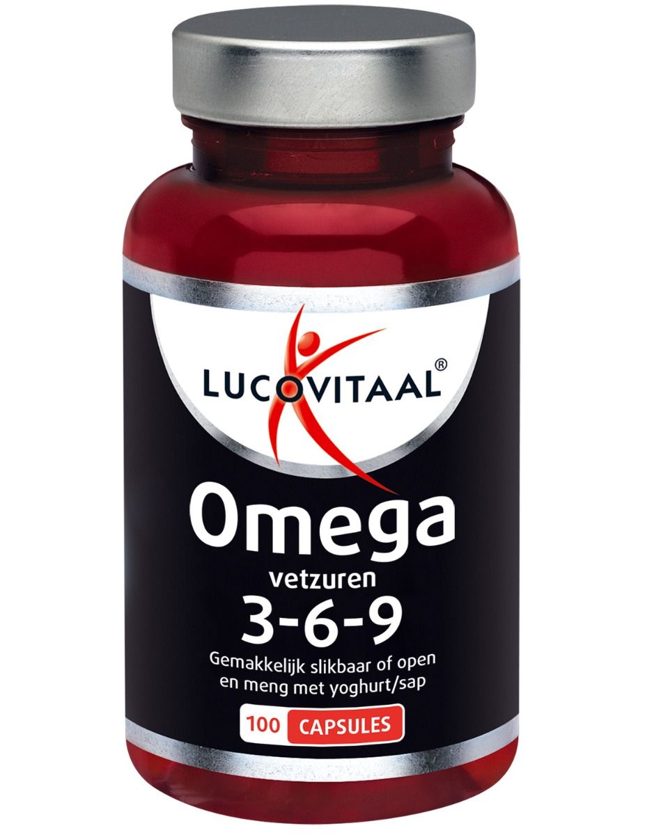 Rote Flasche mit Kapseln. Aufschrift: Lucovitaal Omega 3-6-9. 100 Kapseln. Silberner Deckel.