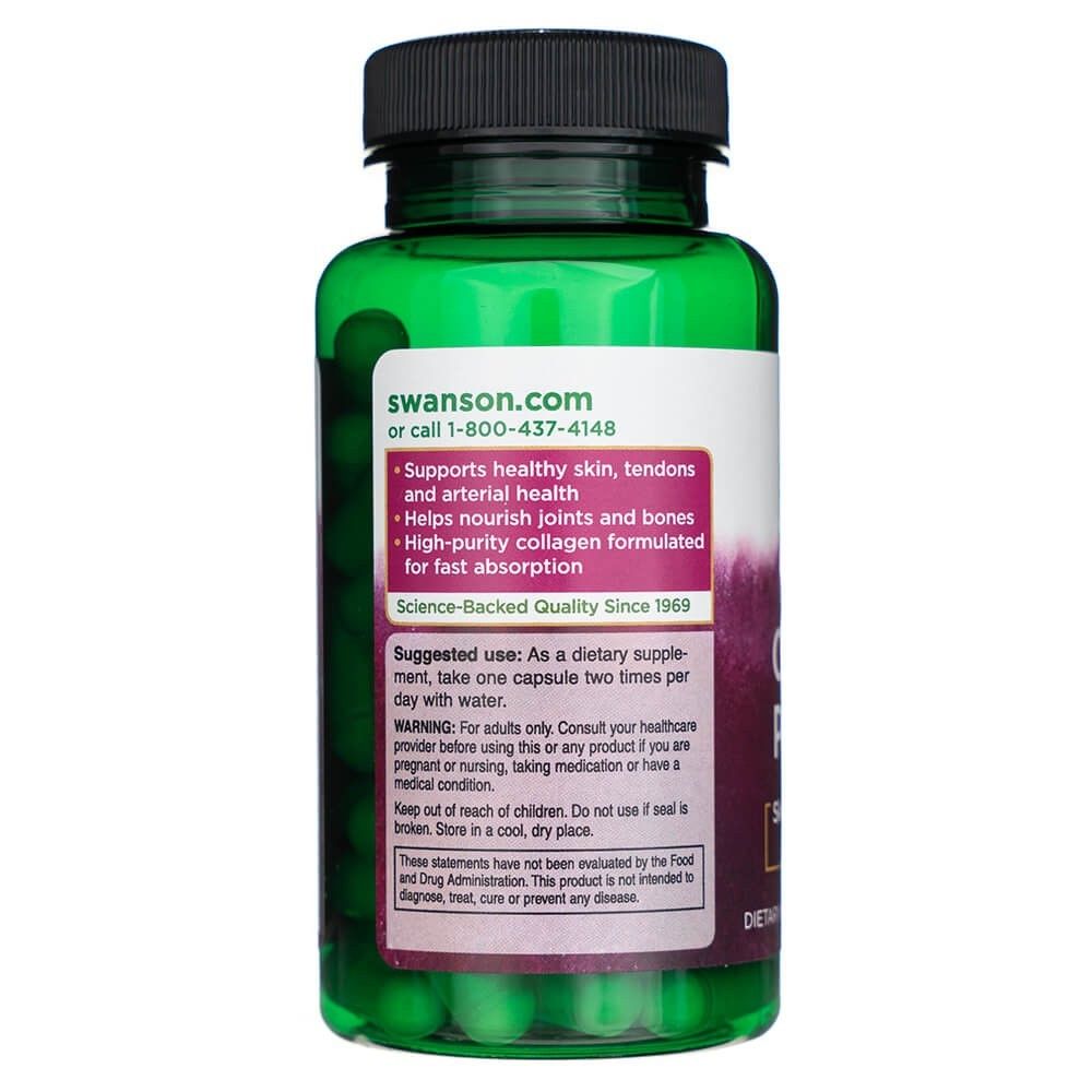 Rückseite einer grünen Flasche SWANSON Marine Kollagenpeptide mit Anwendungshinweisen.