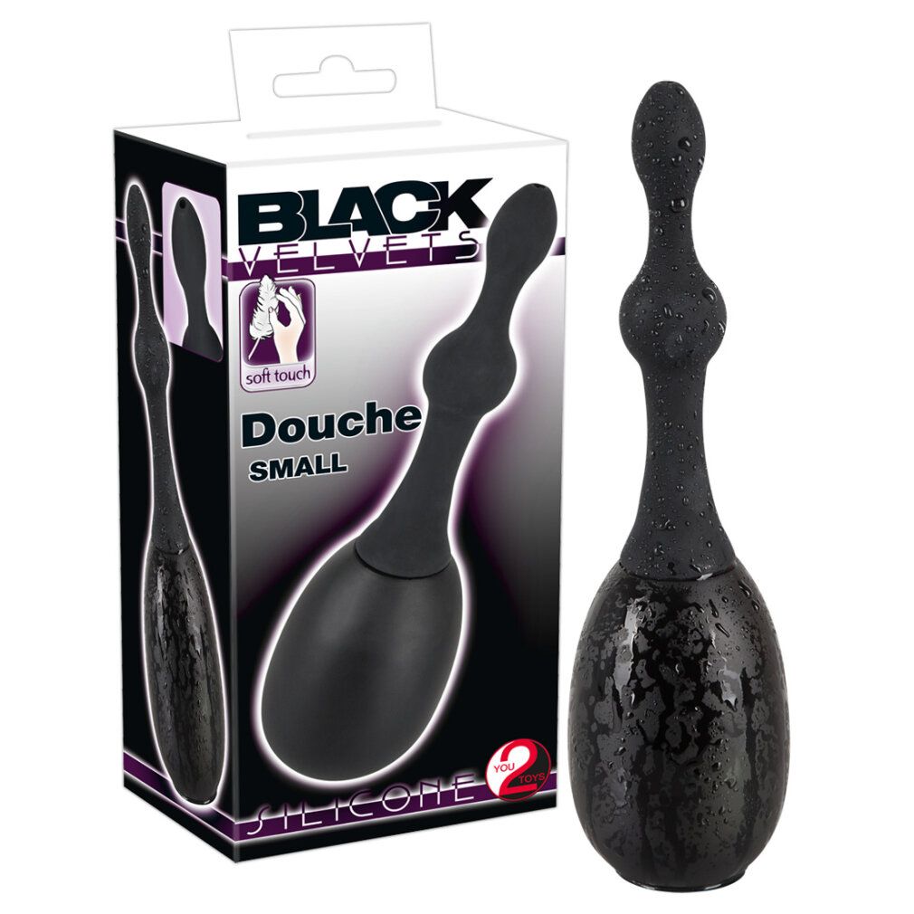 Verpackung mit schwarzem, ovalem Produkt mit Griff und Kugeln. Aufschrift: Black Velvets, Douche, Silicone.