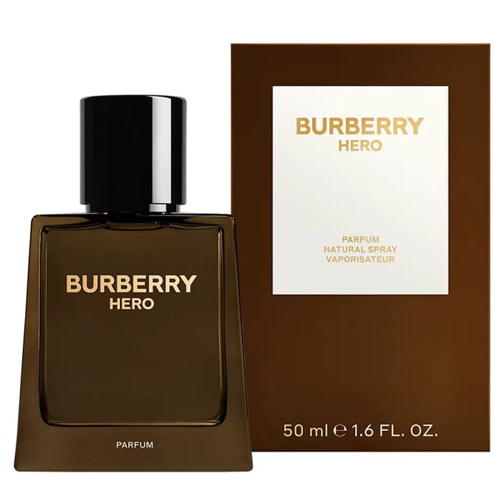 Burberry Hero Parfum-Flakon und Verpackung. Braune Flasche mit schwarzem Deckel, goldfarbener Schrift. Verpackung mit Logo.