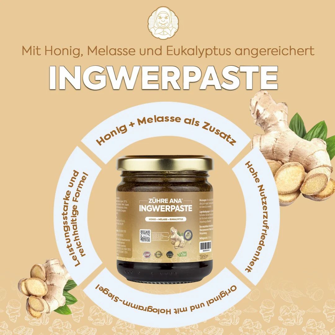 Glas mit Ingwerpaste, umgeben von Text und Ingwer. Text: Honig, Melasse, Eukalyptus. Leistungsstarke Formel.